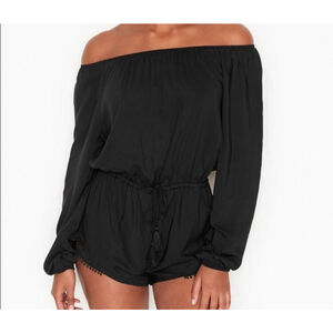 RomperVICTORIA'S SECRET Tassel Ties Pom Pom Trim Romper Black Size Small